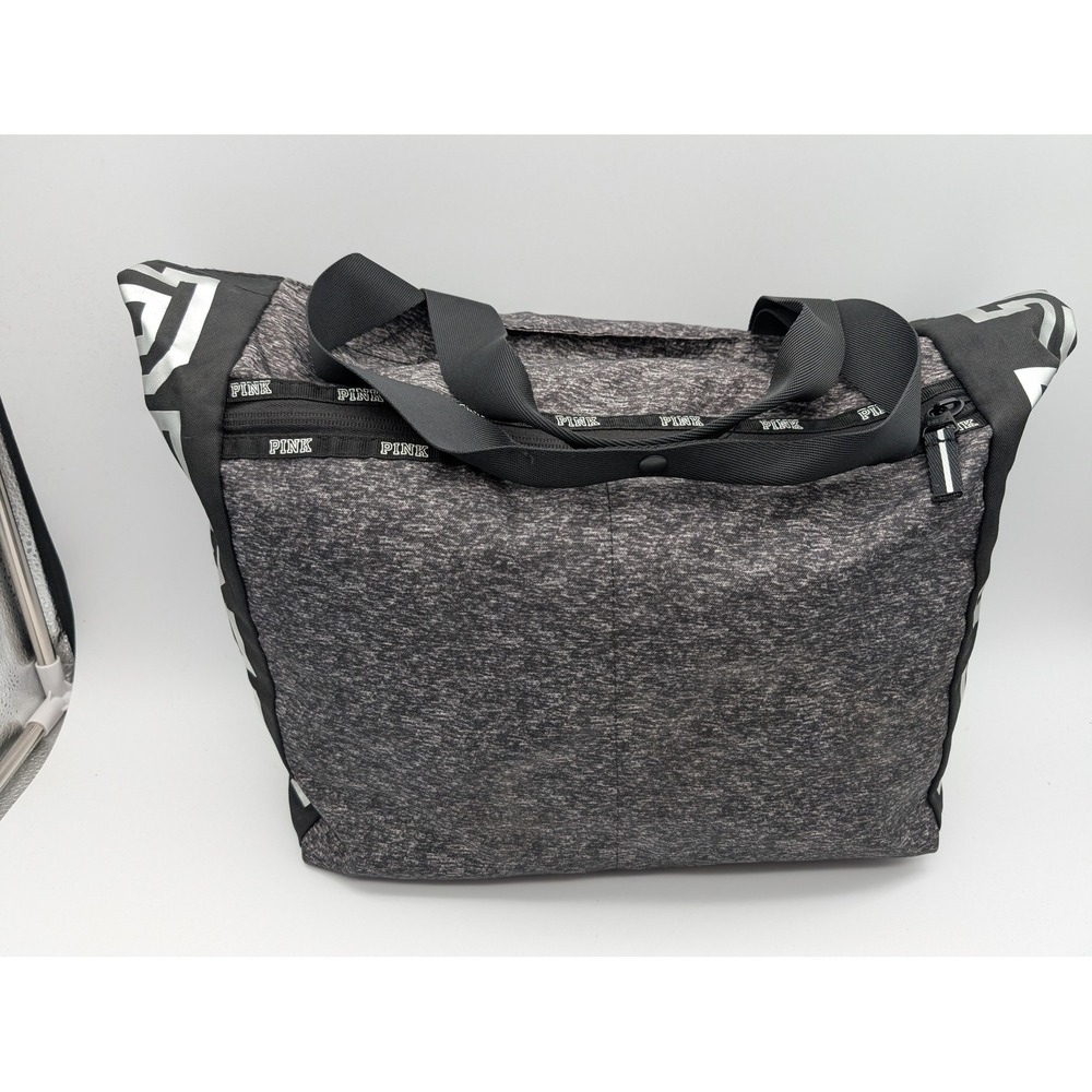 Victorias Secret PINK Gray Marl Tote Bag Silver Metallic Logo Zip Top Pocket